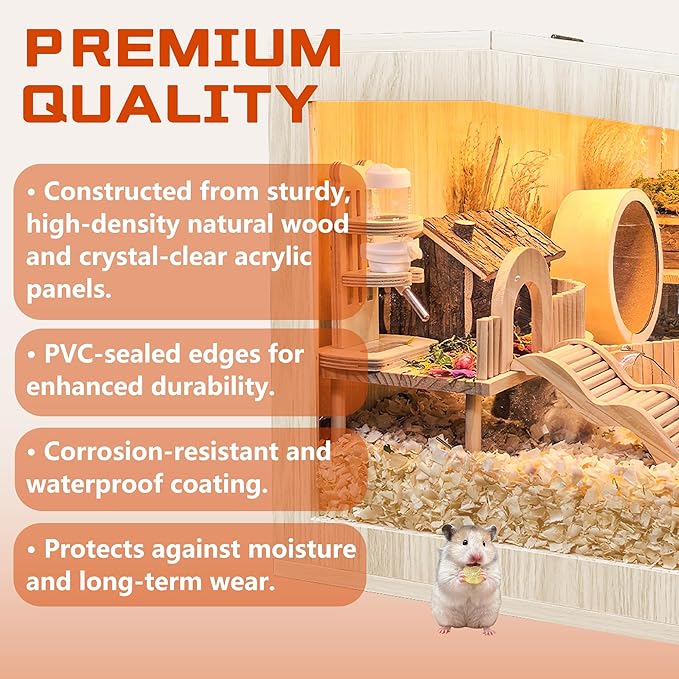 Hamster Cage Chewproof Wooden 24 Inch Guinea Pig Cages Mice and Rat Habitat Openable Top with Acrylic Sheets Solid Built