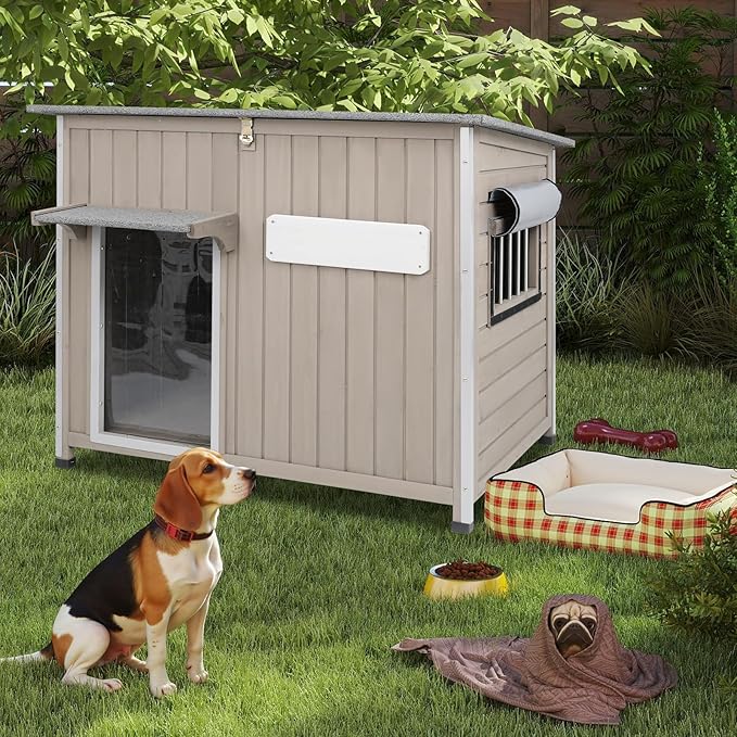Weatherproof Outdoor Dog House, Wooden Puppy Shelter with Anti-Chewing Iron Frame and Elevated Floor, Sturdy Dog Kennel for Small, Medium & Large Dogs, Grey (Gray, 40" L x 26" W x 31" H)