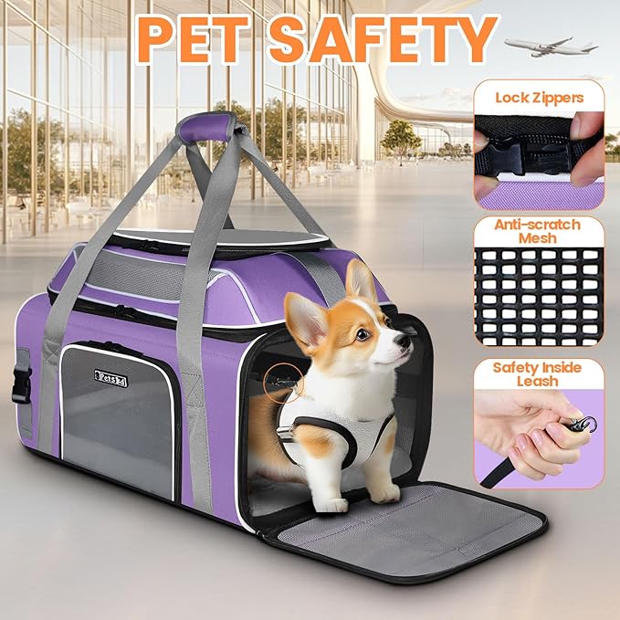 Petskd Top-Expandable Pet Carrier 19x13x9 Inches Southwest Allegiant Airlines Approved, Soft-Sided Carrier for Small Dog Under 12 lbs and Large Cat Under 15 lbs(Purple)