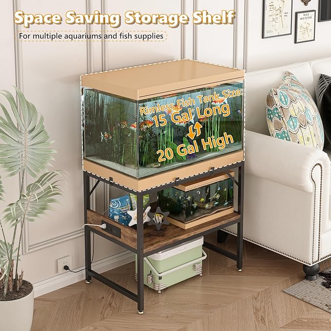 Modern 15 Long Gallon Fish Tank Stand for Home Office, 2-Tier Aquarium Stand with Shelf for Storage, Fish Tank Table 24" x 12" x 21", Ideal for Breeder Tanks, and Reptile Terrariums, Rustic Brown