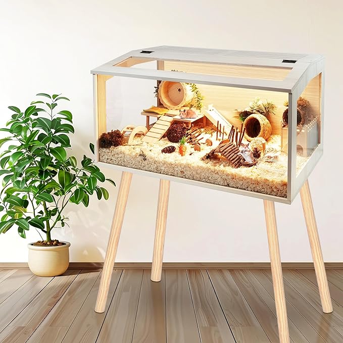 Hamster Cage Wooden Chew Proof, Extra Large Mice and Rat Habitat Openable Top with Acrylic Sheets Solid Built Small Animal Cage with Leg Stands, 40 Inch Long