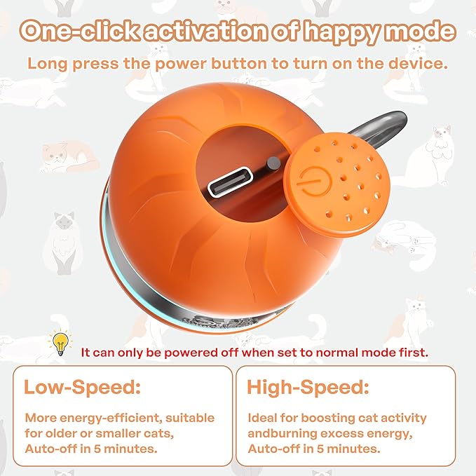 Interactive Cat Toys for Indoor Cats with 3 Mouse Tails,Electric Cat Ball Toy with Bird Chirping Sounds,Automatic Spinning Moving,300mAh Long Endurance Type-C Rechargeable,Pet Cat Supplies(Orange)