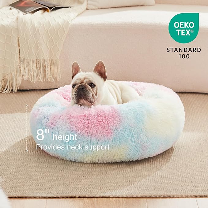 Love's cabin Calming Cat Bed for Indoor Cats,Anti-Anxiety Donut Round Dog Bed,Fluffy Faux Fur Washable Pet Bed for Small Medium Dogs and Cats,Rainbow,20in