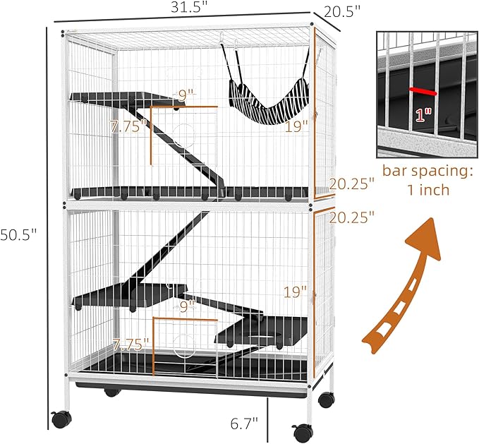PawHut Metal Small Animal Cage, 5-Tiers Rolling Big Ferret Cage with Hammock, Removable Tray, for Chinchilla, Sugar Glider, White