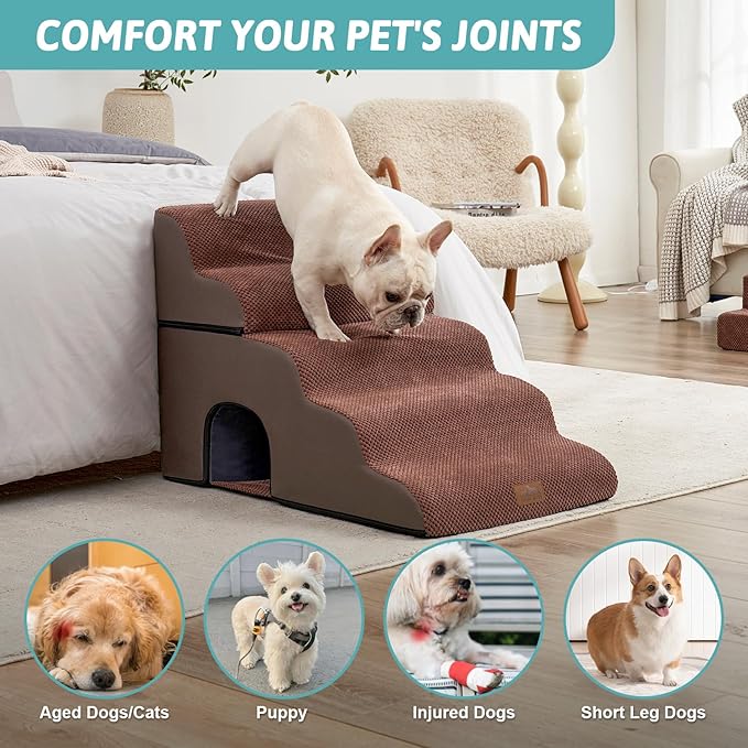 Wide Dog Stairs with Tunnel, Foam Detachable Large Dog Step for Small Pet, Puppy or Cats, Medium Pet Ramp for High Bed, Couch, Sofa or Car, 19.7x33x22.4 inch, 5 Step, Brown