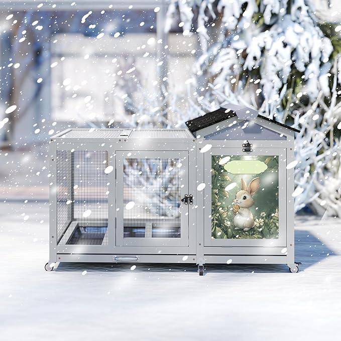 COZIWOW 38.5inches Durable Wooden Rabbit Cage Indoor，Wide Space Small Animal House with Removable Tray&Safety Lock，Rubbit Hutch with Waterproof Roof&Solar Panels (Grey with Pattern)