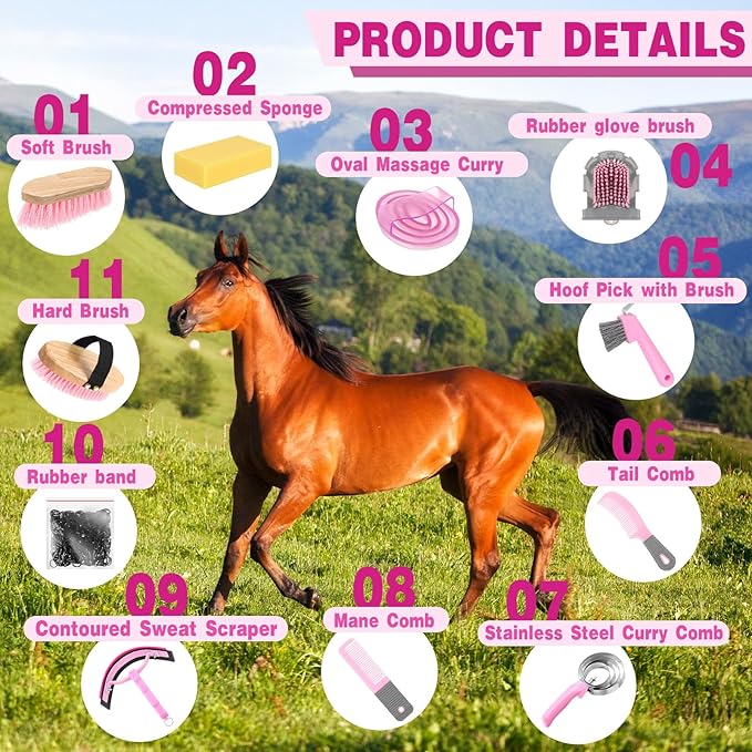 Abbylike 12 Pieces Horse Grooming Kit with Organizer Tote Bag Tack Room Supplies Horse Brush Sets Equine Care Cleaning Kit Shedding Grooming Massaging Tools(Pink and Grey)