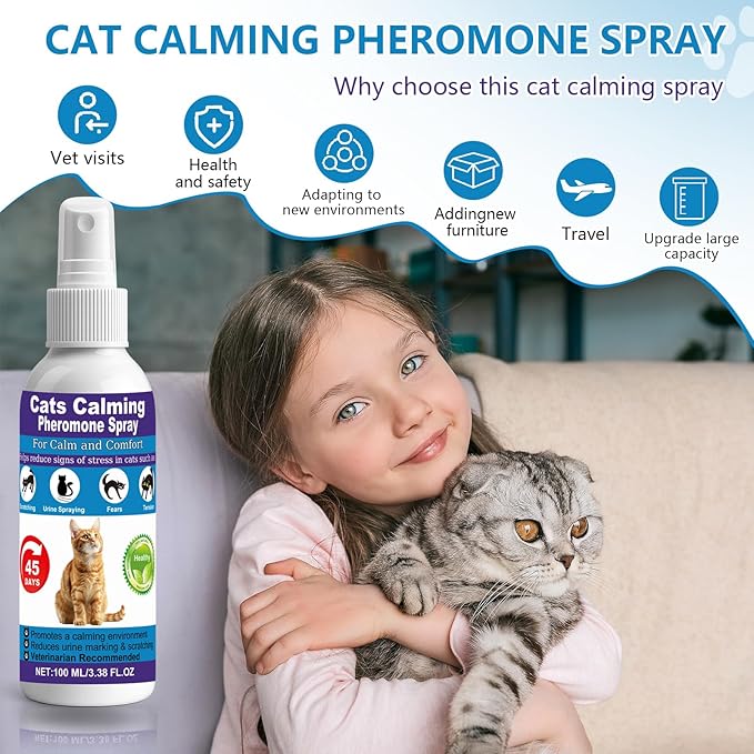 【𝐇𝐢𝐠𝐡𝐥𝐲 𝐄𝐟𝐟𝐞𝐜𝐭𝐢𝐯𝐞】Cat Calming Pheromone Spray for Stress & Anxiety Relief – Reduces Scratching, Urine Spraying, Hiding – Drug-Free & Vet Recommended – with F3 Facial Pheromone 6.76oz
