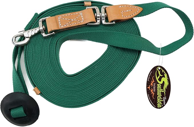 Southwestern Equine 35' Flat Cotton Web Lunge Line with Bolt Snap & Rubber Stop (35', Emerald)