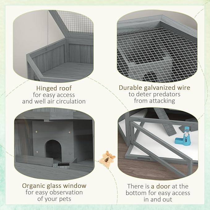PawHut Wooden Large Hamster Cage, Rat Habitat, 3 Tier Small Animal Exercise Play House with Tray, Water Bottle, Activity Center, Gray