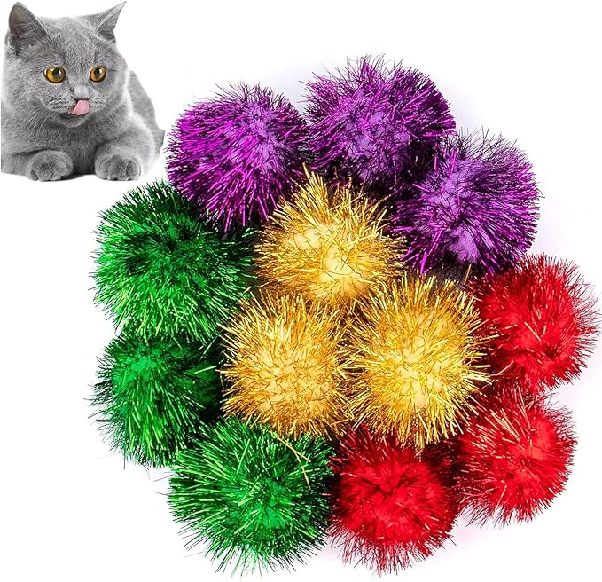 AUEAR, 12 Pack 2 Inch Sparkle Ball Shiny Glitter Tinsel Pom Poms Interactive Cat Balls for Kittens (4 Colors, 12 Inch-12 Pack)