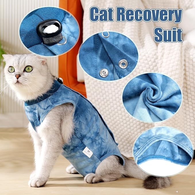Cat Recovery Suit for Male and Female Surgical Post Surgery Soft Cone Onesie Tie Dye Cats Shirt Clothes Neuter Licking Protective Diapers Outfit Cover Kitten Spay Collar Alternative(Navy Blue, M)