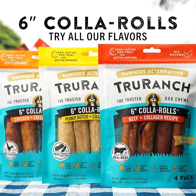 Collagen Rolls - 6" Collagen Rolls for Dogs - Long Lasting Healthy Joint Support - Rawhide Alternative - Skin & Coat Health - Made with Real Chicken, Value Pack, 15 Bags, 60 Count