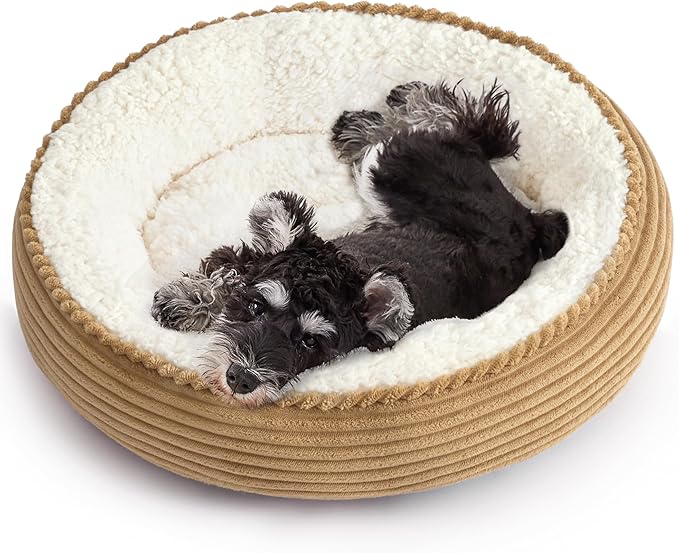 Love's cabin Round Donut Cat and Dog Cushion Bed, 25in Pet Bed for Small or Medium Dogs, Anti-Slip & Water-Resistant Bottom, Soft Durable Fabric Pet Beds, Washable Calming Cat Bed Camel Stripe