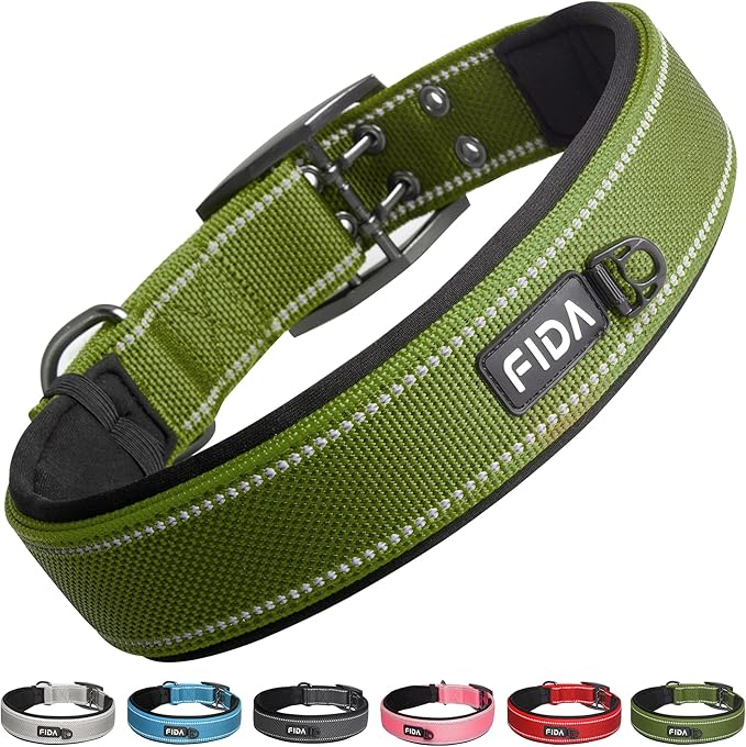 Fida Heavy DutyDog Collar for Large Dogs, Ultra Comfortable Soft Neoprene Padded, Adjustable Reflective Nylon Pet Collar with Durable Metal Belt Buckle for Extra Large Breeds(XL, Green)