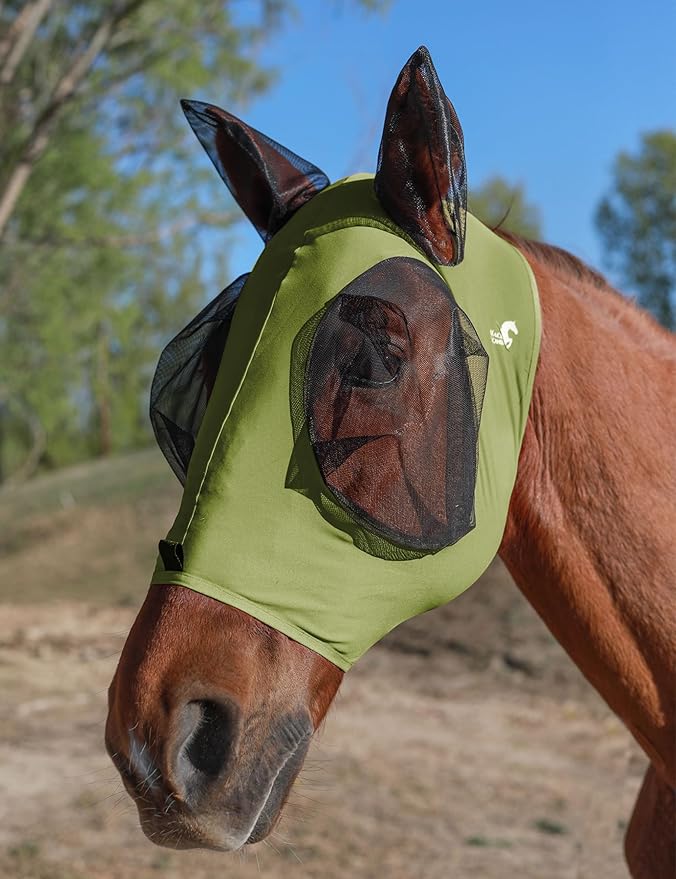 Horse Fly Mask with Ears, UV Protection for Horses, Elasticity with Big Mesh Eye Covers, Snug Fitting Comfortable Breathable Lightweight for Horses Olive Green Full Size