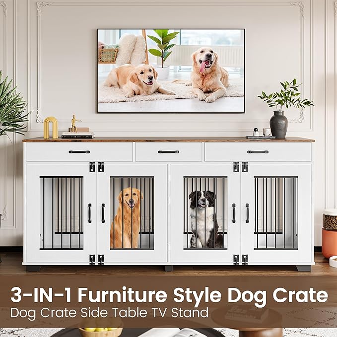 71 Inch Dog Crate Furniture for 2 Rooms, Wooden Double Crate Large Breed with Door, Dog Kennel Indoor, TV Stand End Table with Divider for Large Medium Dogs,White/Brown