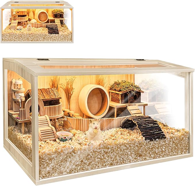 Hamster Cage Chewproof Wooden 24 Inch Guinea Pig Cages Mice and Rat Habitat Openable Top with Acrylic Sheets Solid Built