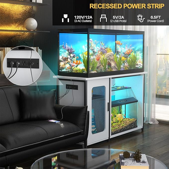 55-75 Gallon Fish Tank Stand with Power Outlets & LED Light, Reversible Heavy Duty Metal Aquarium Stand with Cabinet for Fish Tank Accessories Storage, Turtle/Reptile Terrariums, White