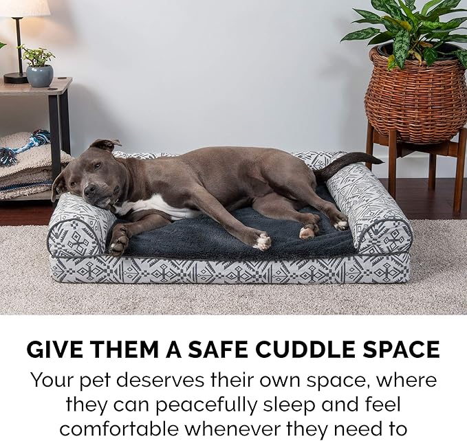 Furhaven Orthopedic Dog Bed for Large/Medium Dogs w/ Removable Bolsters & Washable Cover, For Dogs Up to 55 lbs - Plush & Southwest Kilim Woven Decor Sofa - Boulder Gray, Large