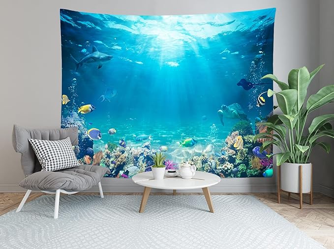 Underwater World Tapestry Blue Ocean Wall Hanging Under the Sea Coral Reef Wall Tapestry Tropical Fish Tank Undersea Tapestries Marine Wall Art for Bedroom Living Room Dorm Decor 118''x98''