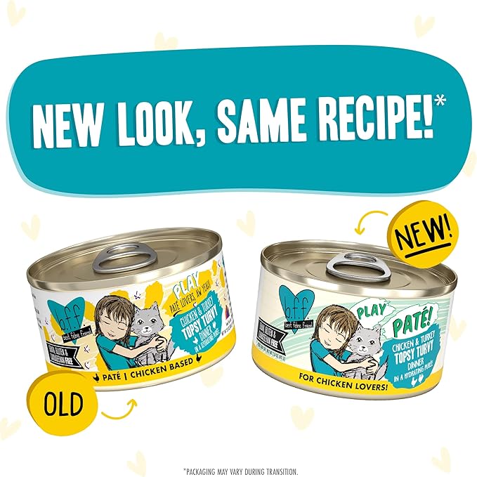 Weruva B.F.F. Play - Best Feline Friend Paté Lovers, Aw Yeah!, Chicken & Turkey Topsy Turvy with Chicken & Turkey, 2.8oz Can (Pack of 12)