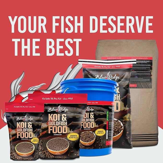 Blue Ridge Koi Fish Food 25lb - Koi Food 3/16” Large and Mini Blend Growth Formula, Goldfish Food, Premium Fish Food for Ponds, Ponds Fish Food, Floating Pond Pellets