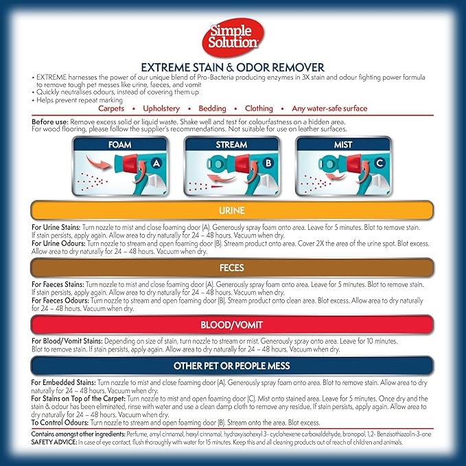 Simple Solution Extreme Pet Stain and Odor Eliminator Spray, Enzymatic Cleaner With 3X Pro-Bacteria Cleaning Power for Dogs & Cats, Strong Urine, Pee and Poop Smell Remover for Carpets & Floors, 32 oz