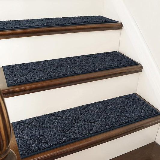 COSY HOMEER Edging Stair Treads Non-Slip Carpet Mat 28inX9in Indoor Stair Runners for Wooden Steps, Edging Stair Rugs for Kids and Dogs, 100% Polyester TPE Backing (7pc, Navy)