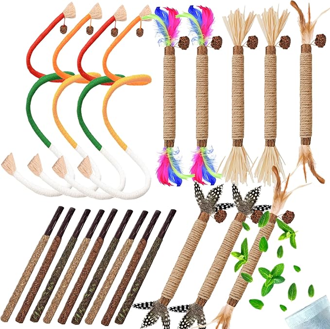 Cat Toys 21PCS Catnip Toy for Indoor Kitten Treat Cats Chew Stick for Dental Cleaning Teeth Kitten Silvervine Rope Kitty Feather Snack for for Kick Molar Scratch Self Play Interactive Boredom