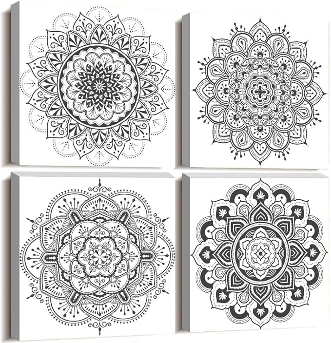 Black and white art Decorative pattern Canvas Wall Art for Living Room Bedroom wall decor Bathroom decorations,4 piece Modern Home decoration inspirational wall paintings Posters Pictures artwork