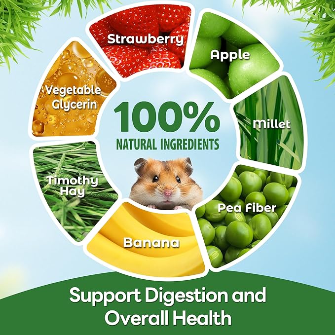 TEEWY 4PCS Guinea Pig Chew Toys, Prevent Teeth Overgrowth, Natural Vegetables and Timothy Grass, Hamster Chew Toys, Guinea Pig Toys, Chinchilla Toys, Grass Patch & Flowers