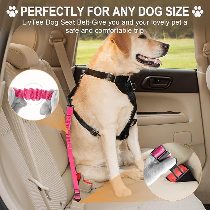 LivTee Dog Seat Belt for Car, Retractable Pet Safety Harness, Adjustable Nylon Dog Seatbelt Leash, Comfortable Dog Accessories for Vehicles (Pink-2PCS)