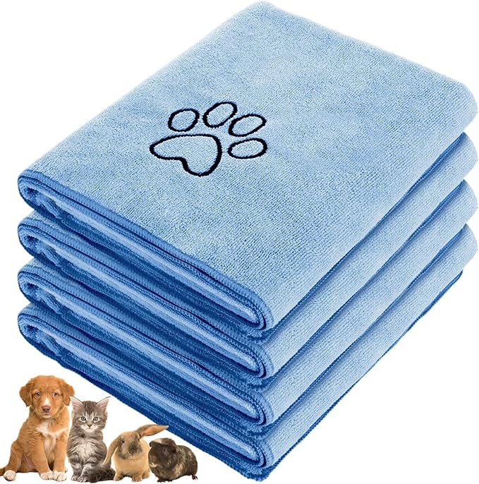 Chumia 4 Pack Dog Towels for Drying Large Microfiber Grooming Tools Absorbent Soft Bath Supplies with Embroidered Paw for Small Medium Pet Products (30 x 50 Inch,Light Blue)