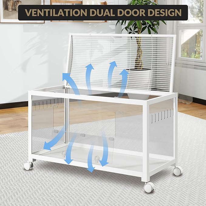 Large Metal Hamster Enclosure Rat Cage with 360 Viewing Acrylic Sides, Ventilated Front Door & Openable Top, Portable Hamster Tank for Guinea Pig, Chinchilla, Gerbil, 37.8''Lx18.5''Wx20''H White