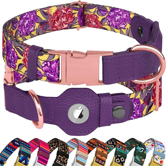 AirTag Dog Collar for Small Medium Large Breed - Adjustable Cute Pattern Dog Collar with Airtag Holder - Soft Leather Tracker GPS Apple Air Tag Pet Collars (X-Small, 9"-12" Neck Fit, Peonies)