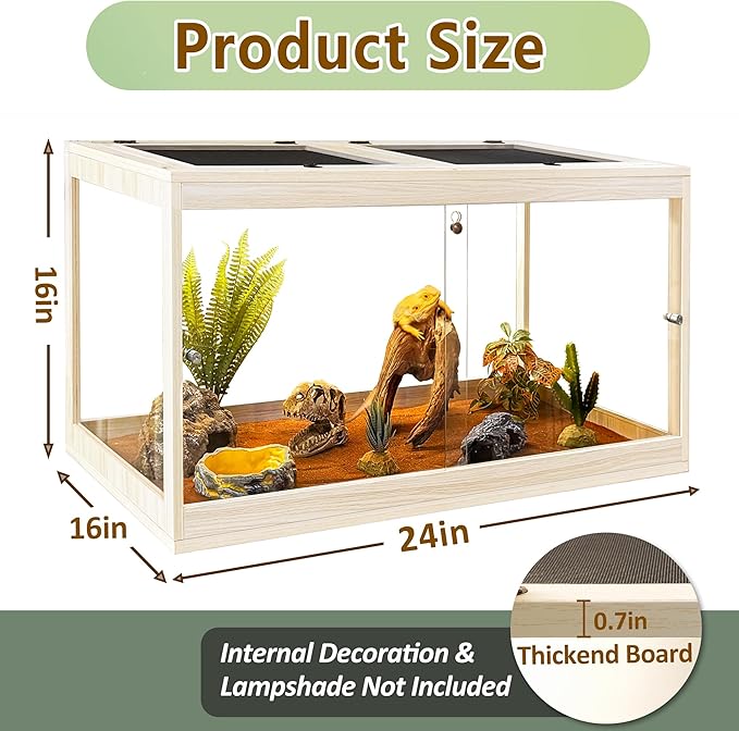Tempered Glass Bearded Dragon Tank,28 Gallon Reptile Tank with Meatl Mesh Roof and Front Sliding Door, Anti-Scratch Lizard Tank,Spacious Reptile Enclosure for Snakes,Lguanas, Chameleons(Oak)