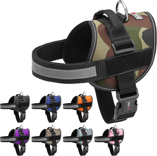 Dogline Dog Harness, Reflective No-Pull Adjustable Vest with Handle for Walking, Training, Breathable, No - Choke Harness for Small, Medium or Large Dogs Room for Patches Girth 22"-28" in Green Camo