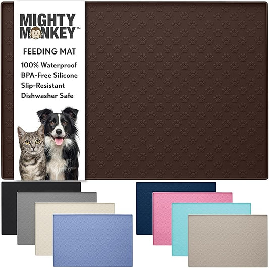 MIGHTY MONKEY 100% Waterproof Dog Food Mat, Raised Edges Silicone Pet Feeding Placemat for Cat, Dogs, Pet Bowls, High Lipped Tray Prevents Water Spills, Food on Floor, Dishwasher Safe, 18x12, Brown