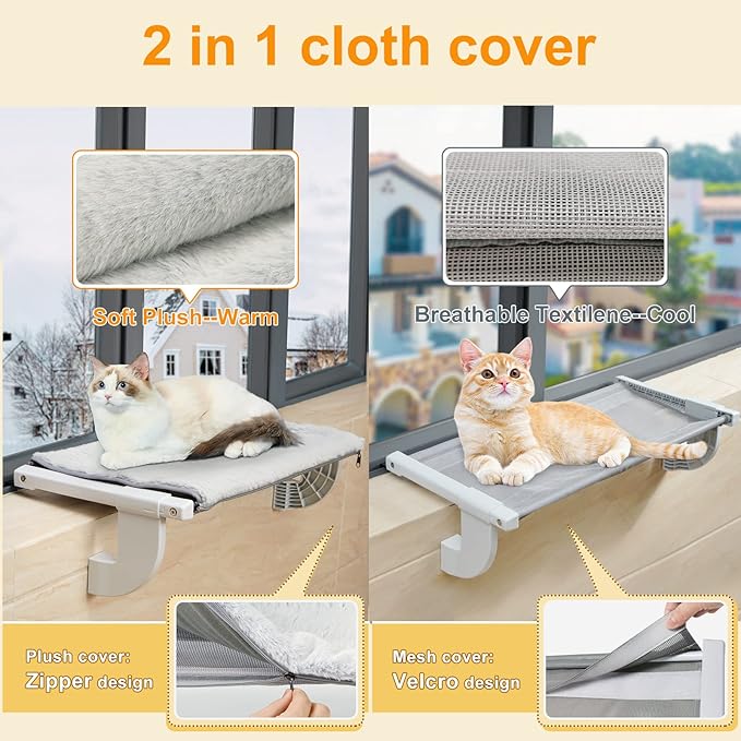 Sunhoo Cat Window Perch Hammock Kitty Bed for Windowsill Bedside Large Cats Shelf Seat inside with Adjustable Ledge Sturdy Removable Cover Easy Assembly No Suction No Drill Hold 40lbs 26.54*13.58in(L)