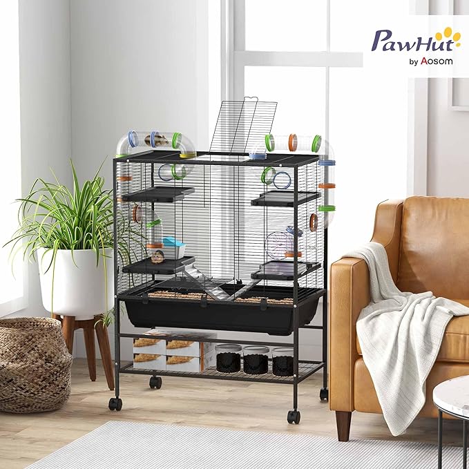 PawHut 32" Large Hamster Cage with Storage Shelf, Rat Cage for Syrian Hamster, Gerbils, with Tubes, Running Wheel, Food Dish, Water Bottle