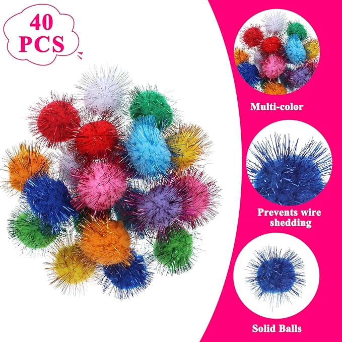 40 Pcs Pom Pom Balls for Kittens Colorful Pompom Balls for Cats Sparkle Ball for Cats Interactive Cat Toy Set for Exercise and Entertainment