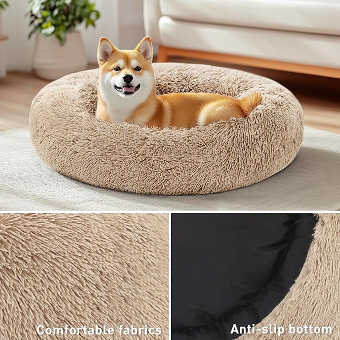 Love's cabin Calming Dog & Cat Bed, Cat Bed for Indoor Cats,Anti-Anxiety Donut Round Dog Bed,Fluffy Faux Fur Washable Bed for Small Medium Pet,Beige,Taupe,30"