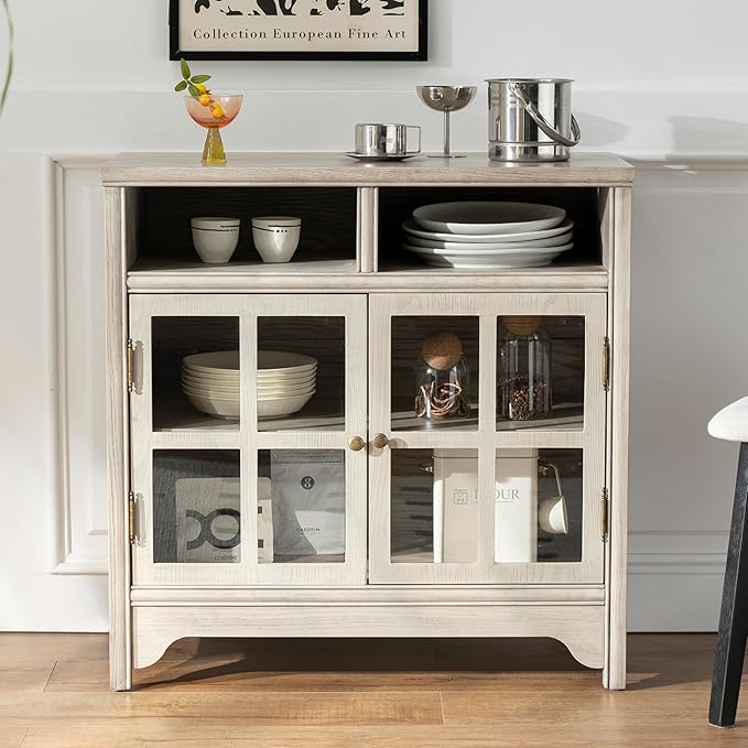 Chogori 31.5" Solid Wood Buffet Cabinet with Storage, Farmhouse Sideboard with 2 Doors, Coffee Bar Cabinet for Dining Room, Kitchen, or Living Room, Gray