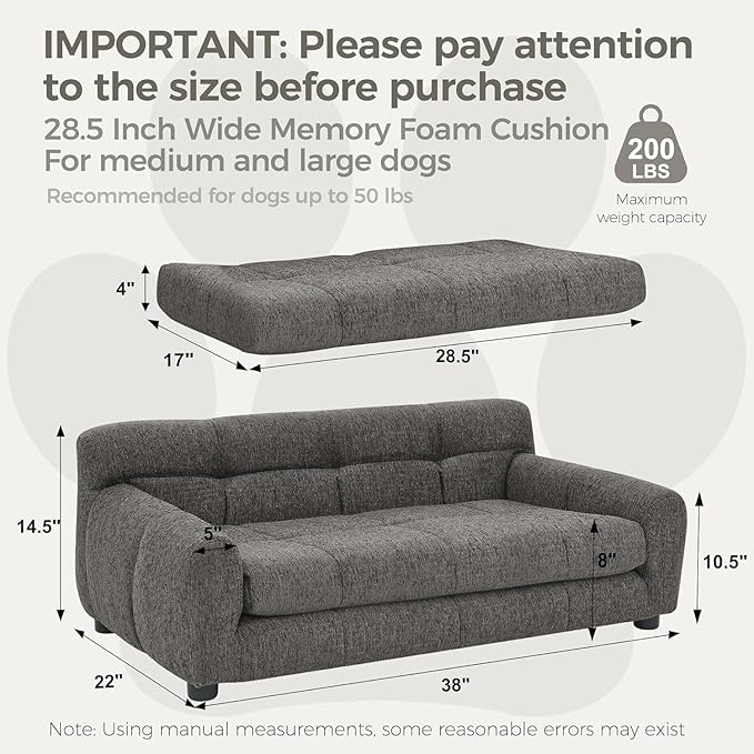 Dog Couch Bed, Mini Sofa for Dogs with Backrest and Armrest, Durable Pet Sofa with Soft Foam Cushion, Elevated Dog Couch Bed with Legs for Medium and Large Dogs, Stone Grey