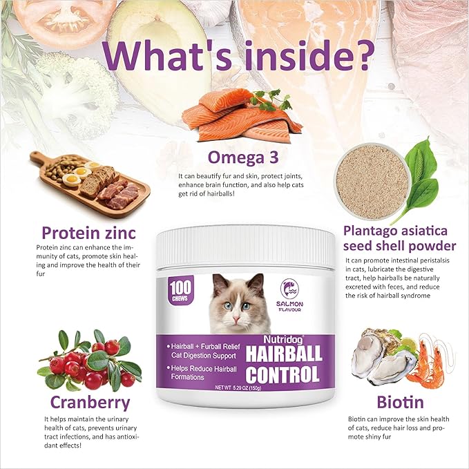 Hairball Treats for Cats - Hairball Remedy Chews with Omega 3&6, Psyllium Husk, Zinc & Biotin - Salmon Flavor for Hairball Control, Digestive Health & Skin Support, 100ct (ND-044)