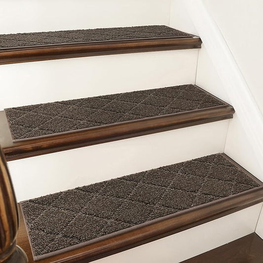 COSY HOMEER Edging Stair Treads Non-Slip Carpet Mat 28inX9in Indoor Stair Runners for Wooden Steps, Edging Stair Rugs for Kids and Dogs, 100% Polyester TPE Backing (10pc, Brown)