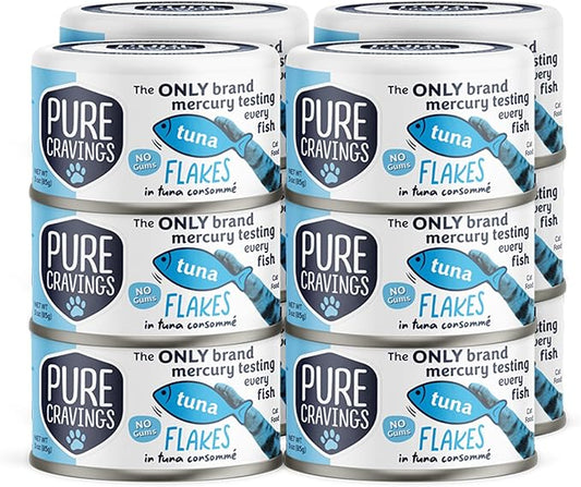 Tuna Flakes in Tuna Consommé, Canned Wet Cat Food Soup, 100% Mercury-Tested, Moist Can Fish, Grain-Free Protein, Non-GMO, 3oz, Pack of 12