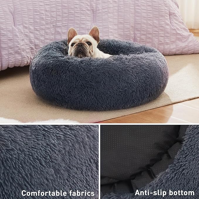 Love's cabin Calming Cat Bed for Indoor Cats, Anti-Anxiety Donut Round Dog Bed, Fluffy Faux Fur Washable Pet Bed for Small Medium Dogs and Cats,Bluish Grey,20in