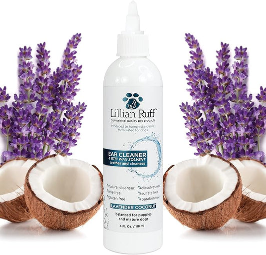 Lillian Ruff Ear Cleaner & Otic Wax Solvent for Dogs with Tea Tree Oil, Bee Propolis & Aloe - Coconut and Lavender Scent - Dissolve Wax and Combat Ear Odors - Safe for Sensitive Ears (4oz)